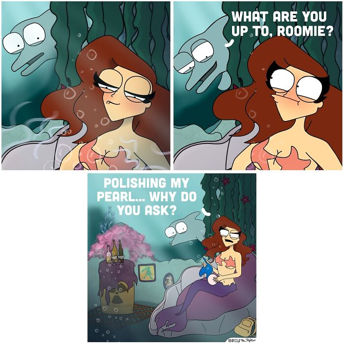 Comic panels featuring a mermaid and fish roommate in a funny adult life comic about polishing a pearl underwater.