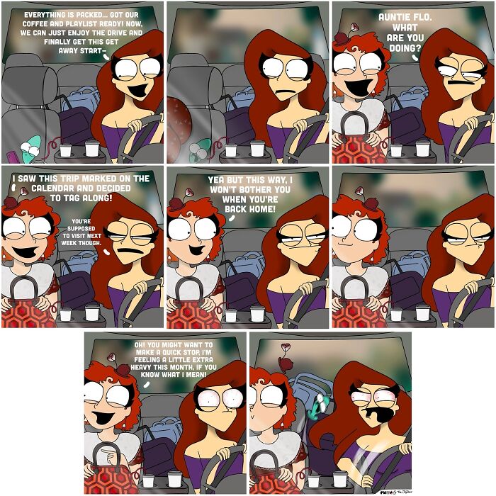 Comic strip showing two women in a car humorously discussing adult life and unexpected travel plans by The RedDot.