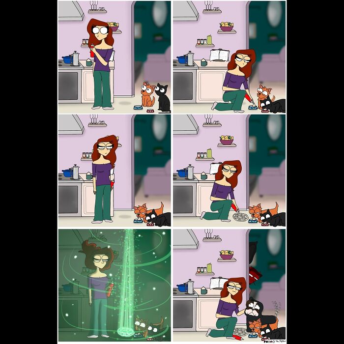 Comic strip about adult life showing a woman feeding cats and experiencing a magical moment with pets.