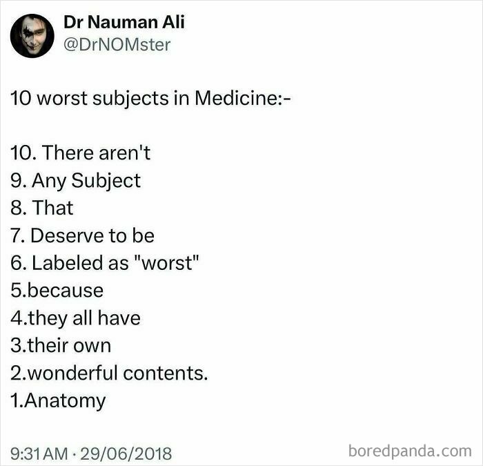 Tweet humor about medicine subjects ranking with a witty take on anatomy, reflecting the struggle and humor of working in medicine.
