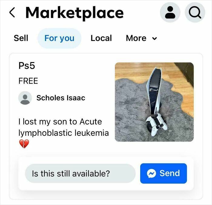 Marketplace listing showing a free PS5 for sale with a heartfelt message about losing a son to leukemia.