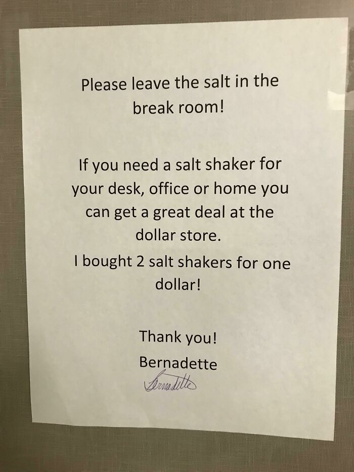 Passive-aggressive coworker note about leaving the salt in the break room and buying salt shakers from the dollar store