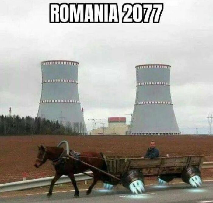 Horse pulling a wooden cart with rocket thruster wheels near power plant, meme related to Eastern Europe culture and humor.