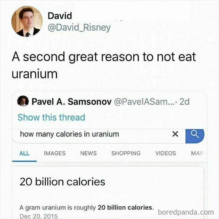 Meme showing a humorous medical struggle about uranium calories with a search result stating 20 billion calories.