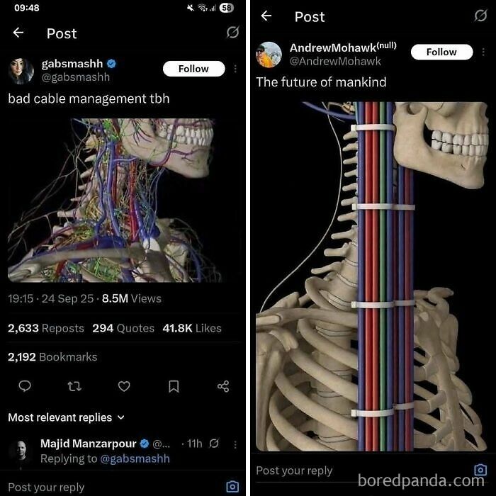 Side-by-side Twitter posts showing humorous medical memes with skeletal imagery highlighting the struggle of working in medicine.