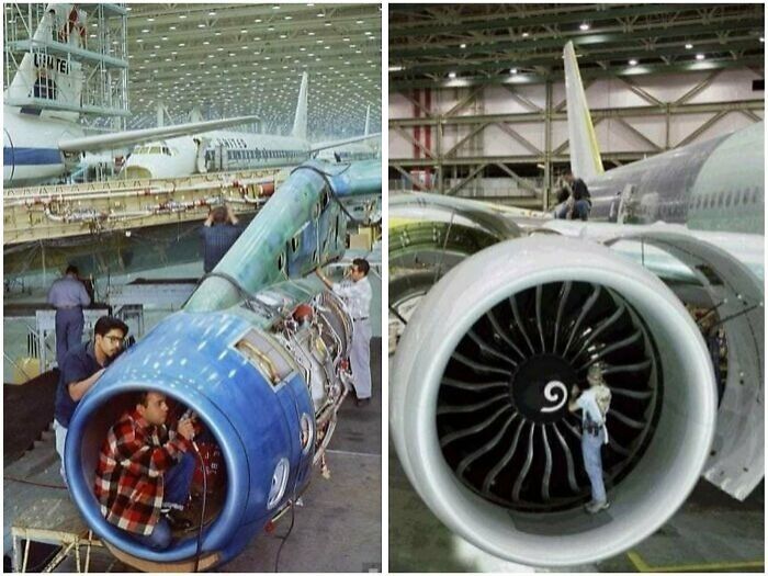Technicians working inside large aircraft engines showing human for scale in an airplane hangar.
