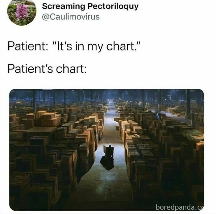Medical meme showing a worker overwhelmed by huge stacks of patient charts highlighting the struggle of working in medicine.