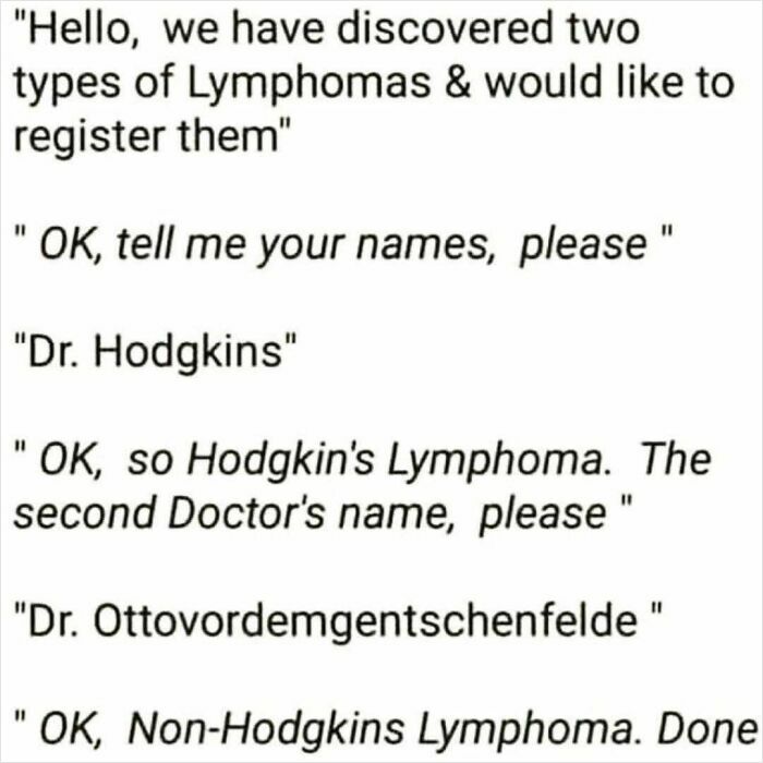 Medical meme showing a humorous dialogue about registering two types of lymphomas in medicine work.