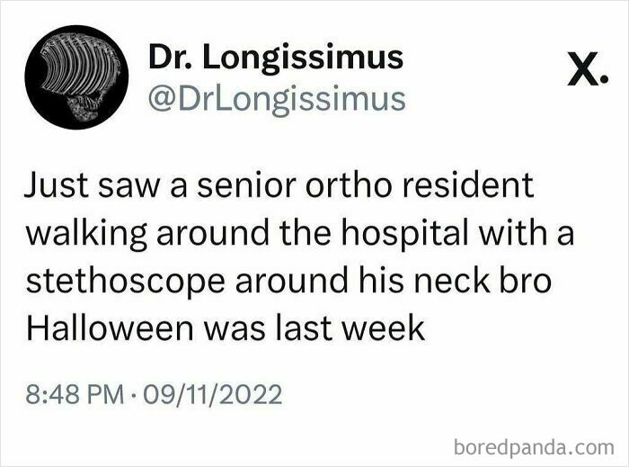 Tweet about hospital life humor, featuring an ortho resident with a stethoscope, capturing the struggle and humor of working in medicine.