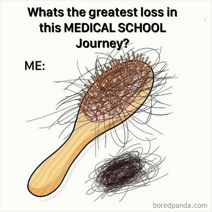 Hair loss on a brush illustrating the struggle and humor of working in medicine during the medical school journey.