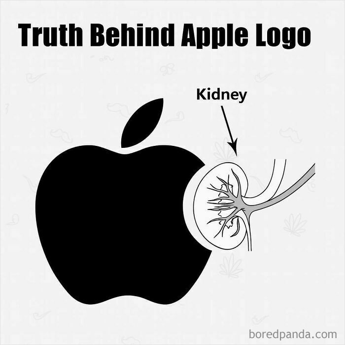 Humorous medical meme showing the apple logo with a kidney illustration highlighting the struggle of working in medicine.