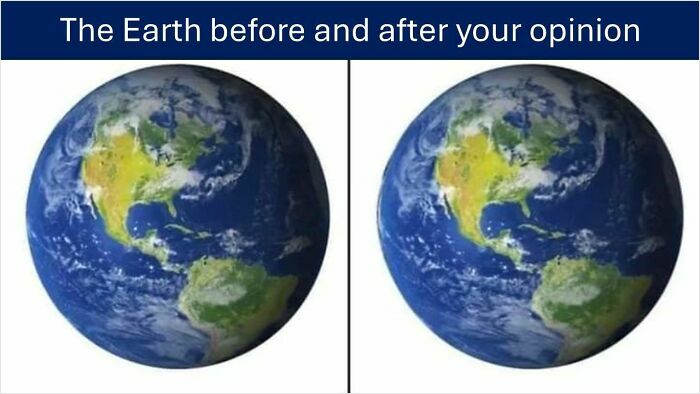 Comparison of two Earth images humorously showing before and after opinions in a funny and poorly drawn map style.