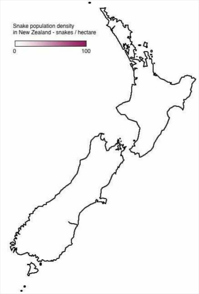 Map showing snake population density in New Zealand with color scale from 0 to 100 snakes per hectare, funny maps SEO keyword.