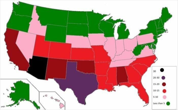 US map with states color-coded by a numerical range, illustrating a funny and poorly designed map with unclear data representation.