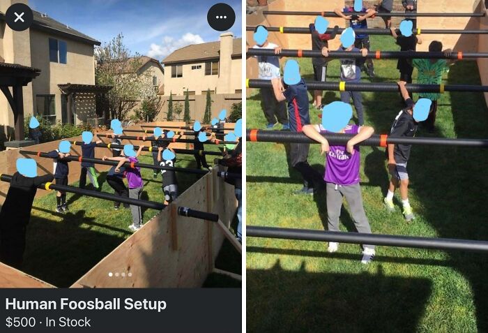 Kids playing in a backyard human foosball setup showcasing one of the unhinged things people thought they could sell online.