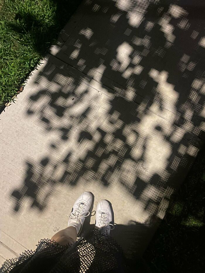 Shadow patterns on a sidewalk creating an unphotoshopped illusion that looks fake but is 100% real.