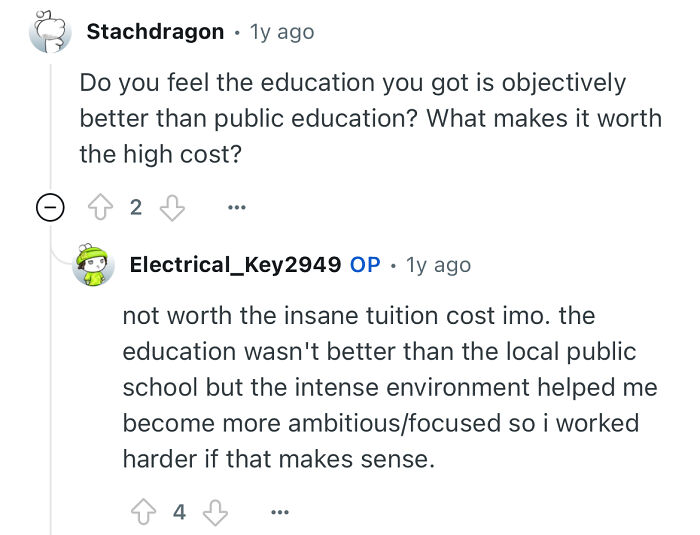 Online discussion showing a person studied in a prestigious private school sharing thoughts on education value.