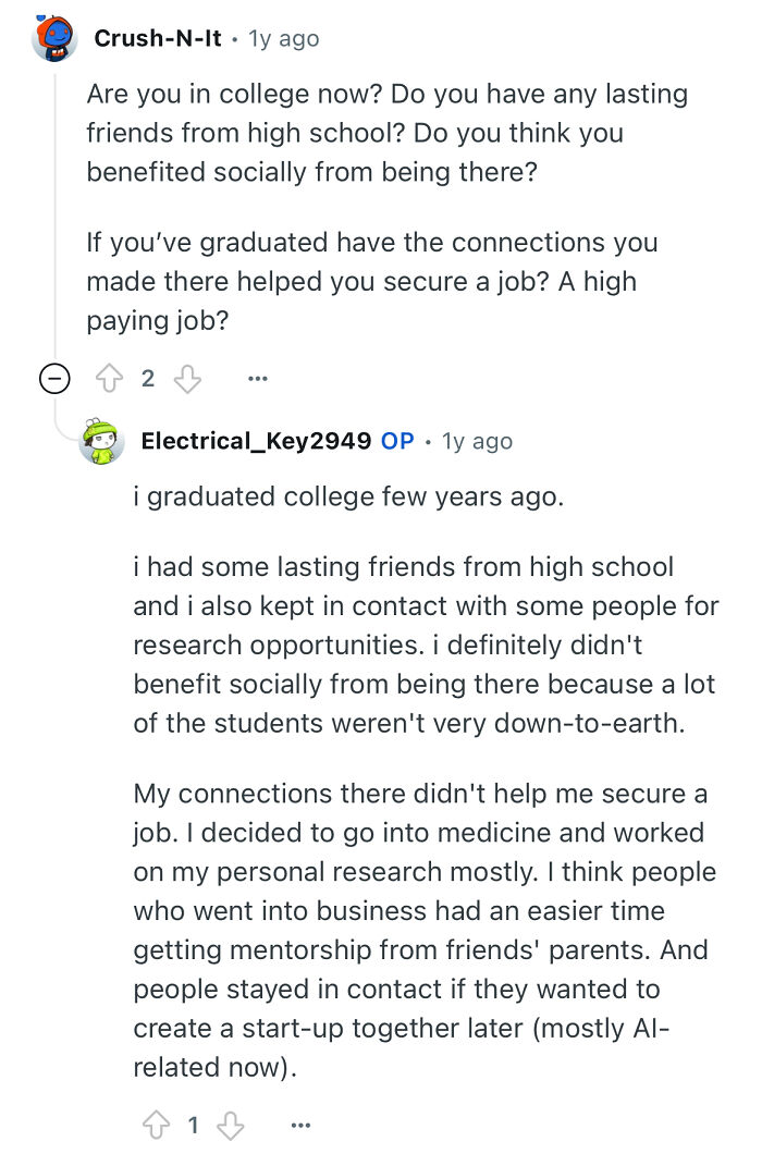 Reddit exchange where a person studied in a prestigious private school discusses lasting friendships and job connections.