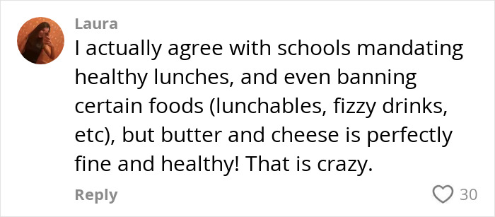 Commenter Laura discussing school snack bans, supporting healthy lunches but defending butter and cheese as healthy options.