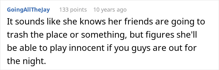 Comment discussing a woman accusing homeowners of ruining her party by not leaving their home.