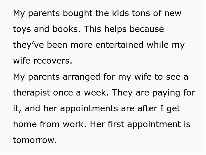 Text excerpt describing toddlers left behind as wife parties with new man, while husband manages the situation.