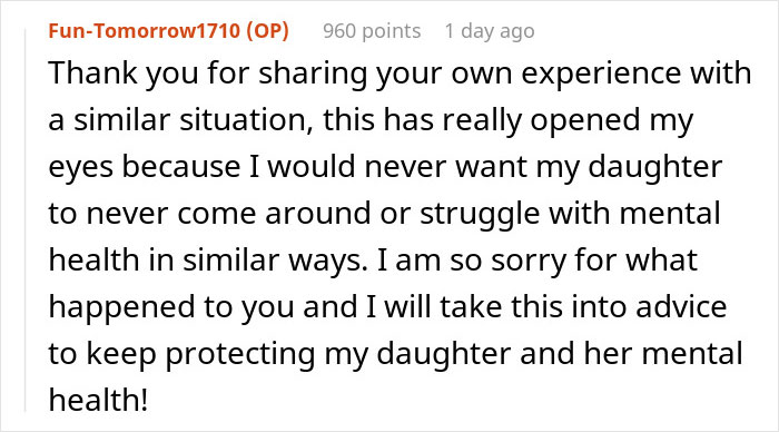 Comment expressing gratitude for advice on telling wife why daughter doesn&rsquo;t trust, focusing on protecting daughter's <a target=