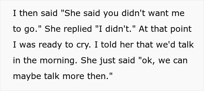 Text conversation about not wanting to let go, revealing why a woman never got to study abroad and emotional response. Text conversation about not wanting to let go, revealing why a woman never got to study abroad and emotional response.