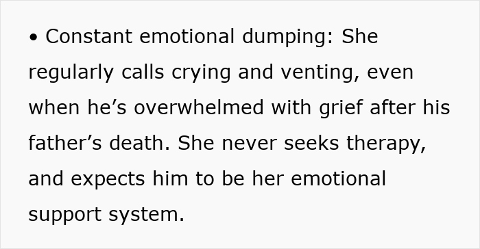 Text excerpt on emotional dumping by inlaws pushing boundaries during divorce, showing lack of therapy and expectation of support.