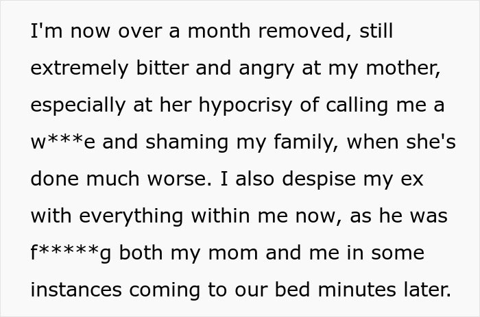 Text excerpt describing a woman&rsquo;s anger after catching her mom sleeping with her husband in a long affair.