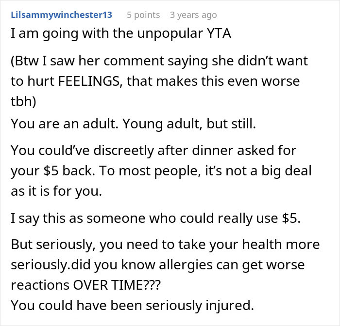 Commenter advises a young adult to take allergies seriously after suffering a reaction at a friend’s house. Commenter advises a young adult to take allergies seriously after suffering a reaction at a friend’s house.