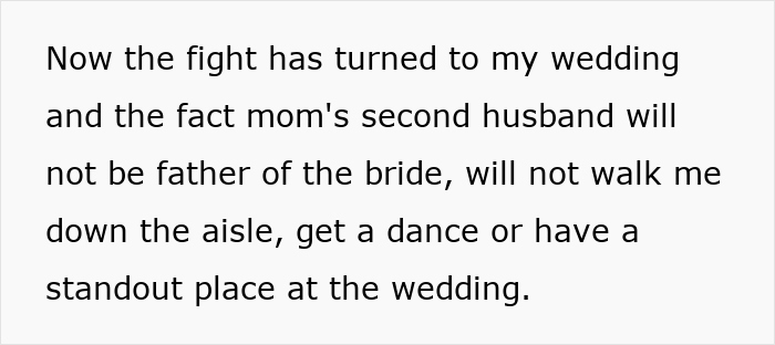 Bride refuses to let mom's hubby walk her down the aisle causing a family fight with bratty sister at wedding.