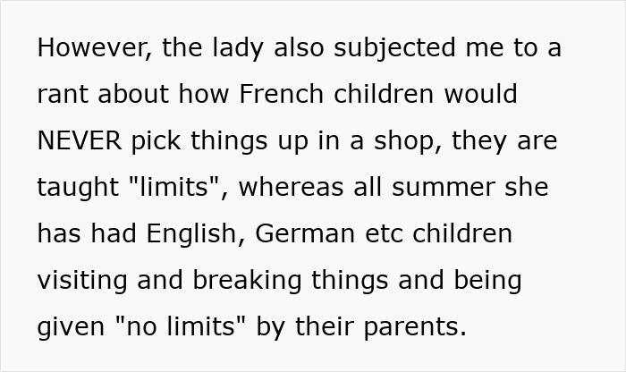 Alt text: British woman lectured on parenting by French shop owner during holiday about children's behavior and limits. Alt text: British woman lectured on parenting by French shop owner during holiday about children's behavior and limits.