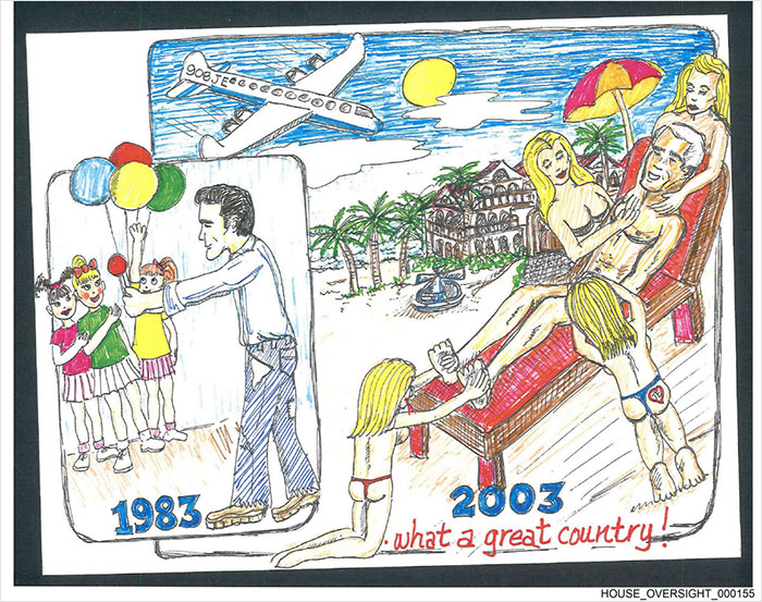 Illustrated pages from Jeffrey Epstein&rsquo;s 50th birthday book featuring suggestive photos and provocative scenes.