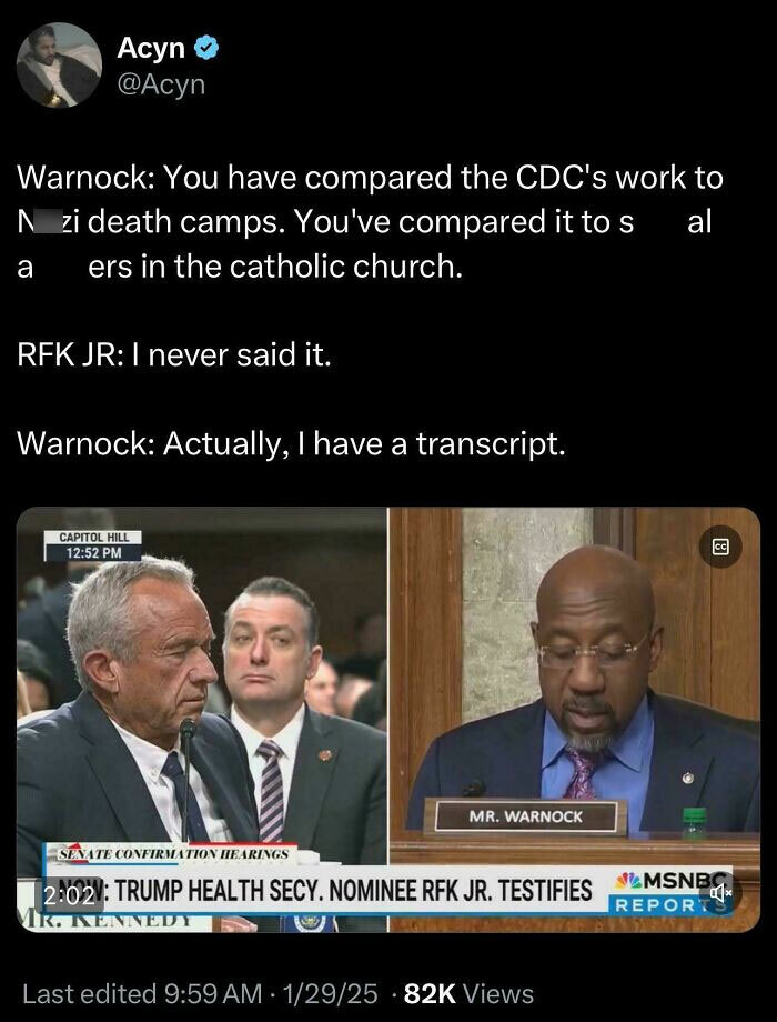 Screenshot of a courageous tweet showing a political exchange during a Senate confirmation hearing with bold statements and a transcript.