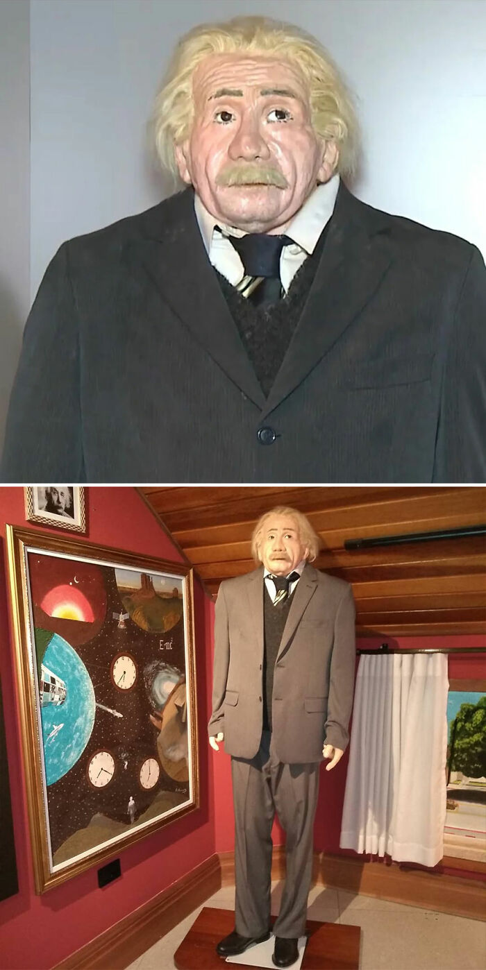 Wax sculptures of Albert Einstein by artist, featuring surprisingly creepy and humorous details in a museum setting.