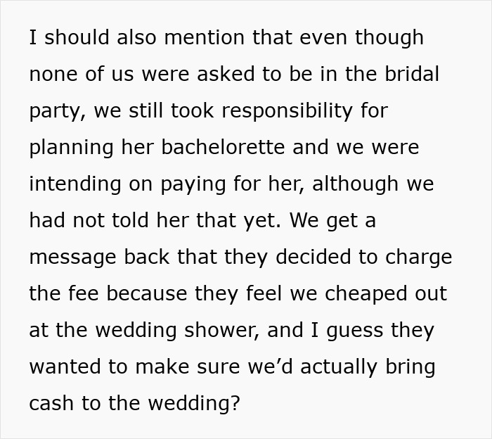 Text excerpt showing a bride demanding $200 from friends after cheap wedding shower gifts sparked her wrath and fee charges.