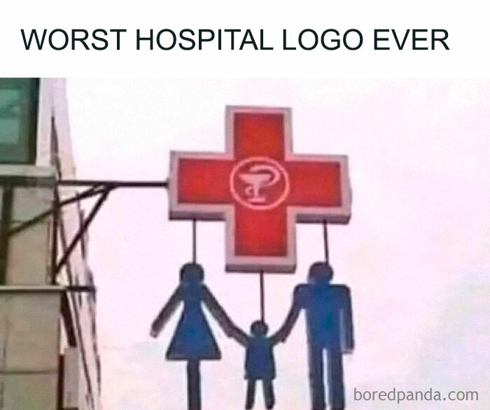 Red hospital cross sign with a hanging family silhouette, a funny meme for EMT or paramedic humor.