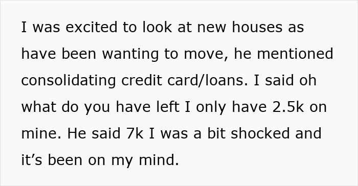 Text excerpt about wife learning husband&rsquo;s huge debt, showing shock and feelings of betrayal over secret financial burden.