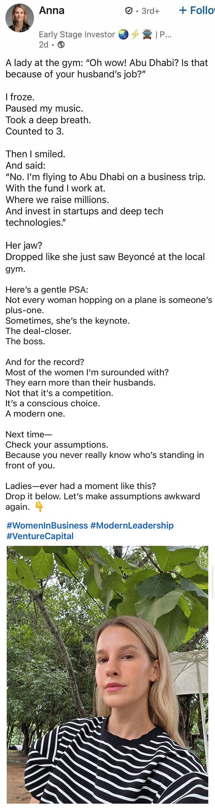 Young woman in a striped shirt outdoors, reflecting hustle culture and modern leadership in business and venture capital.