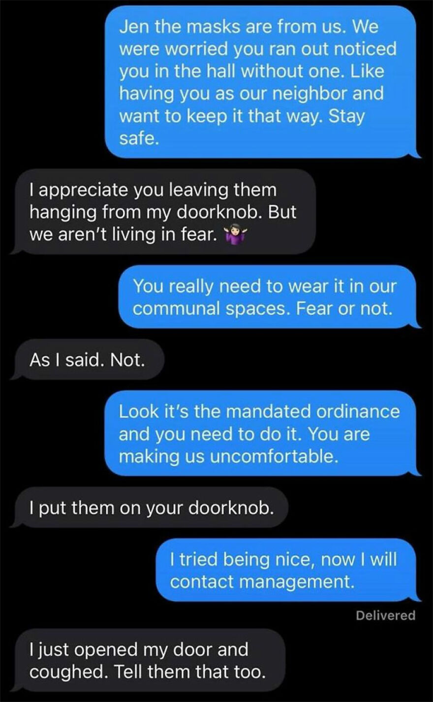 Text message conversation showing a tense exchange about masks between neighbors, highlighting no neighbors and communal living issues.