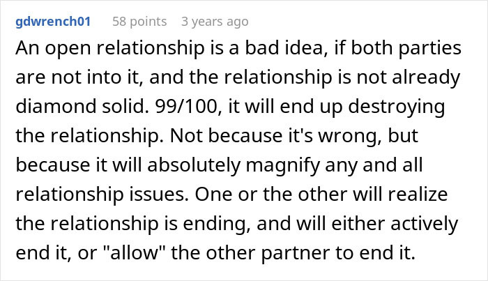 Comment discussing open relationships highlighting risks when one partner is not fully committed to the arrangement.