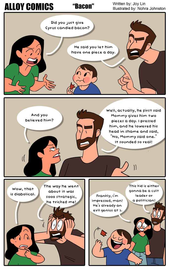 Funny comic about marriage and raising a mischievous child with clever tricks involving candied bacon.