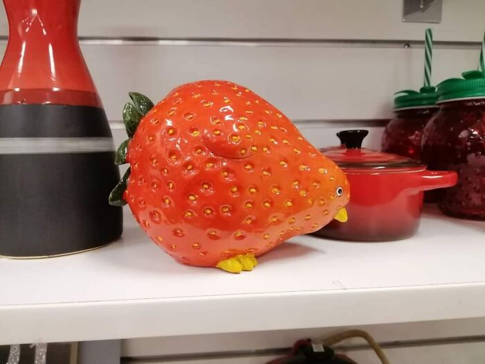 Ceramic strawberry-shaped bird figurine on a shelf among kitchenware, one of the weirdest purchases people would make.
