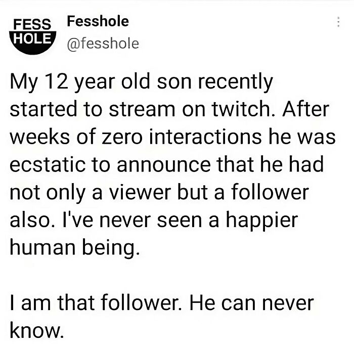 Wholesome post about a son streaming on Twitch and the joy of gaining his first viewer and follower.