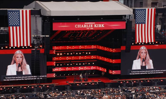 Erika Kirk speaking at husband&rsquo;s funeral, gesture captured, drawing internet attention after viral devil claim controversy.