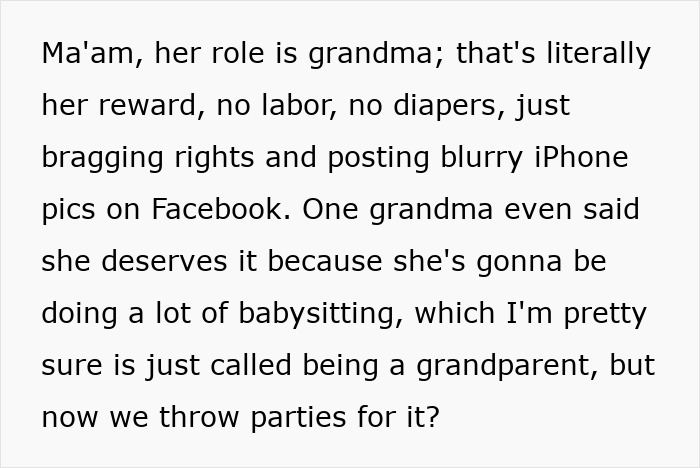 Text discussing strong opinions on grandmas having a baby shower, debating the role and celebration of grandparent status.