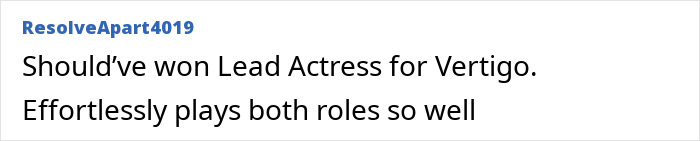 Comment text about Kim Novak&rsquo;s acting in Vertigo, praising her dual role performance.