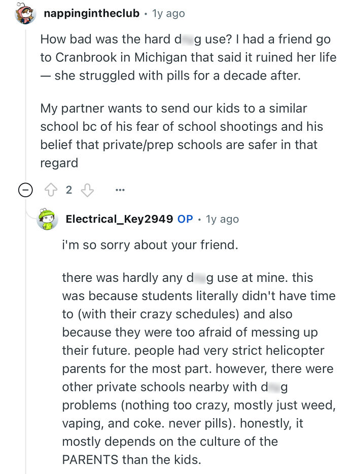 Reddit conversation about d**g use and safety concerns at prestigious private schools from a student’s perspective.