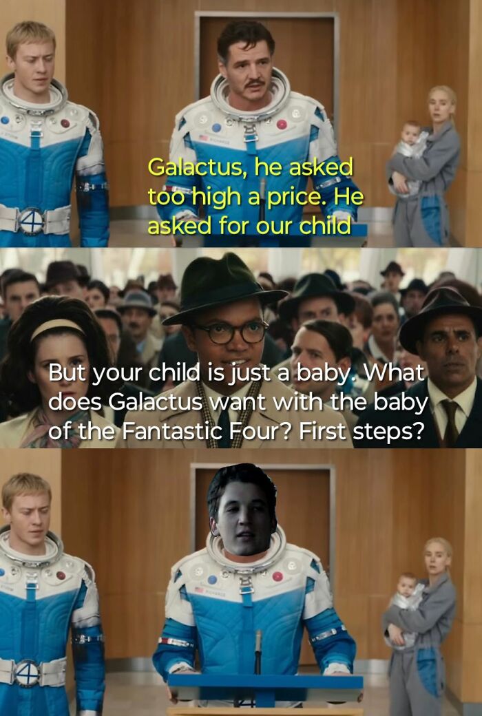 Marvel meme featuring characters in space suits discussing Galactus and the Fantastic Four baby in a humorous scene.
