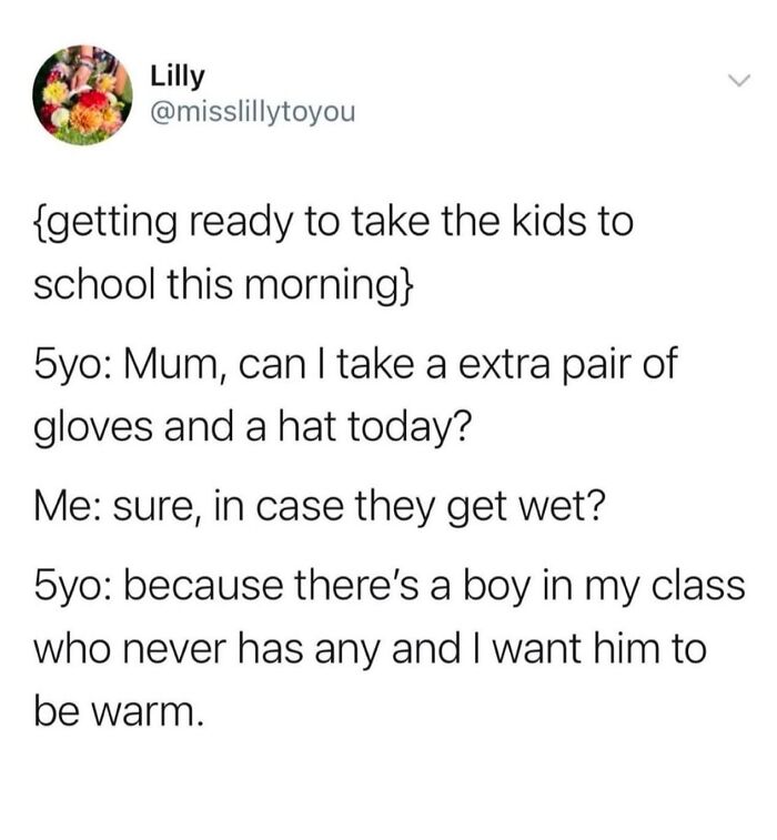 Wholesome post showing a child asking to share gloves and a hat to keep a classmate warm and cared for.